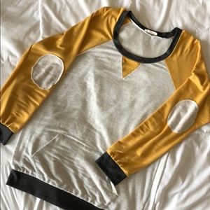 Mustard, charcoal, and light gray sweatshirt
